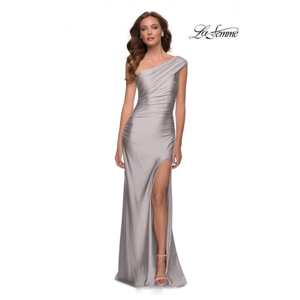 La Femme One Shoulder Ruched Gown Dress Long Slit Back Zip Silver Size 6 NWOT